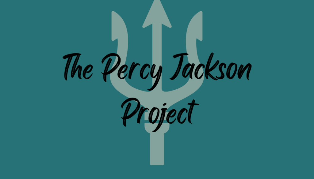 A grey trident overlaid with black text reading "The Percy Jackson Project" on a teal background