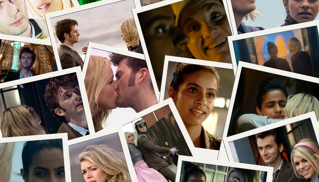 Slide of Polaroid style photos of Jodie Whittaker as the 13th Doctor Mandip Gill as Yasmin Khan David Tennant as the 10th Doctor and Billie Piper as Rose Tyler