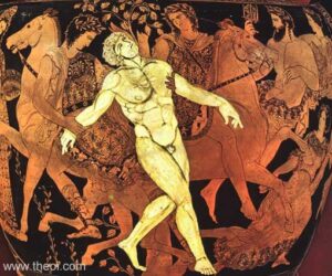 The bronze giant Talos of Crete is slain by the witch Medea (far left) and the Dioscuri during the voyage of the Argonauts. The twins are mounted on horses and grasp the giant by the arms. The gods Poseidon and Amphitrite (upper right hand corner) witness the scene.